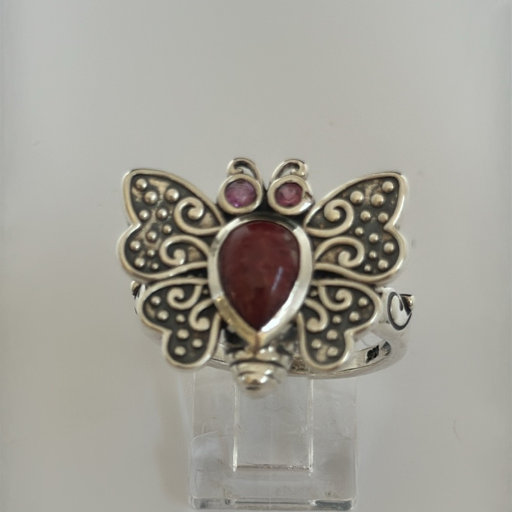 Elegant 925 silver butterfly pink tourmaline amethyst ring